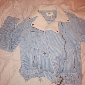 Corduroy and Sherpa Blue Belted Jacket